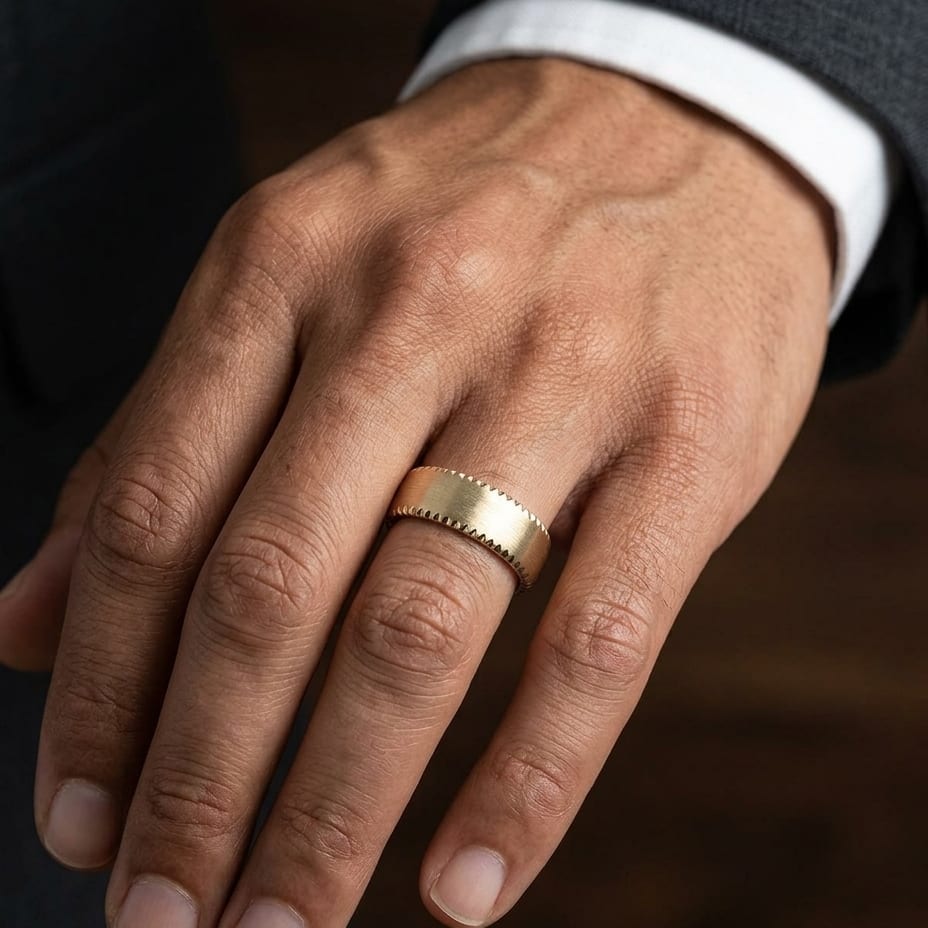 7.5mm Satin Finish Carved Wedding Band in 14K Yellow Gold, worn on hand, masculine close-up
