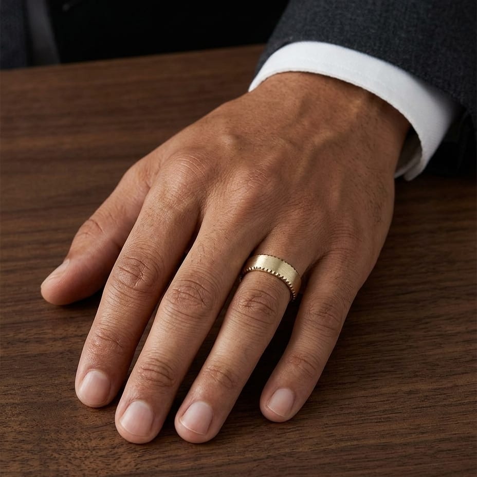 7.5mm Satin Finish Carved Wedding Band in 14K Yellow Gold, worn on hand, masculine full view