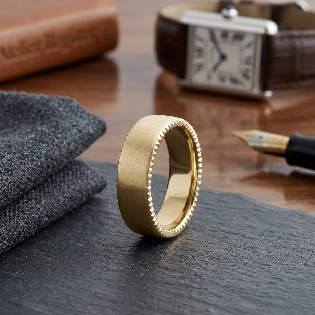7.5mm Satin Finish Carved Wedding Band in 14K Yellow Gold, on walnut surface with pocket square