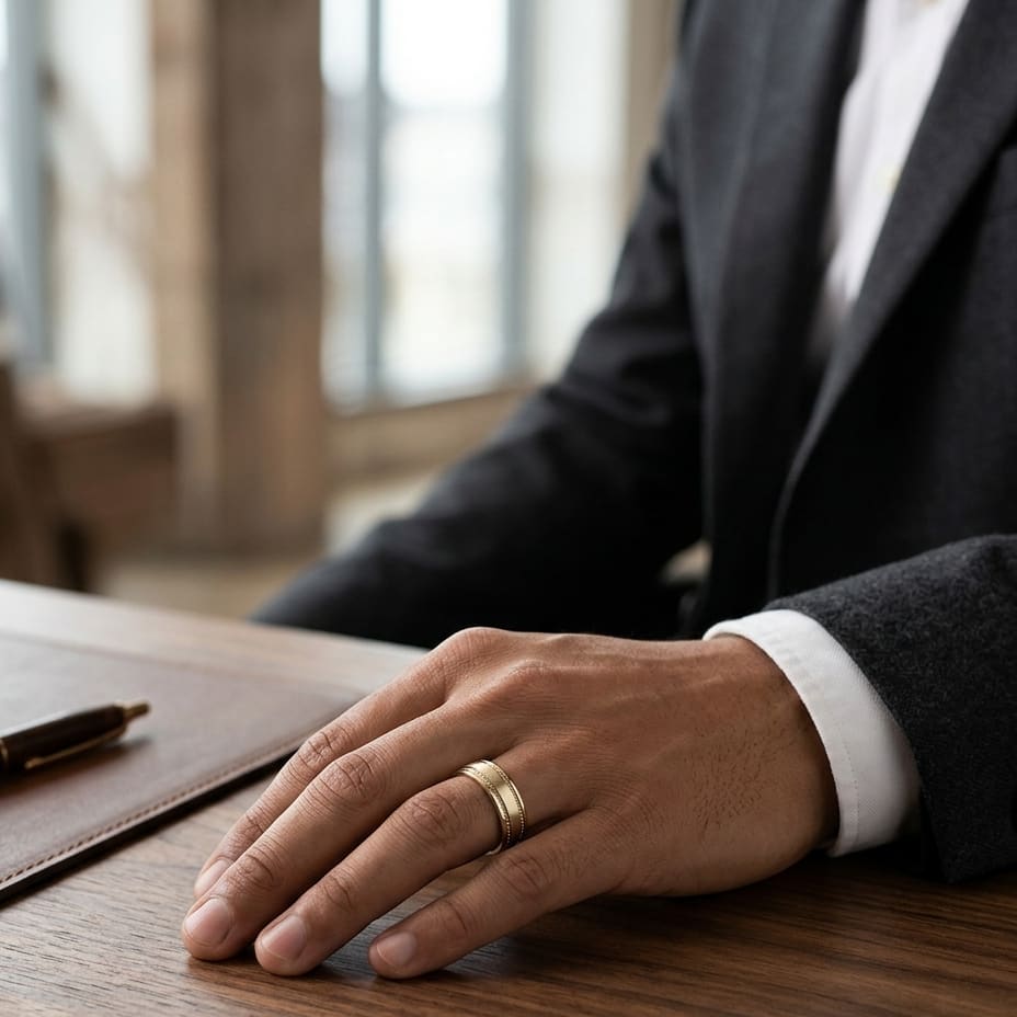 7.5mm Satin Finish Rope Carved Wedding Band in 14K Yellow Gold, worn on hand, masculine full view