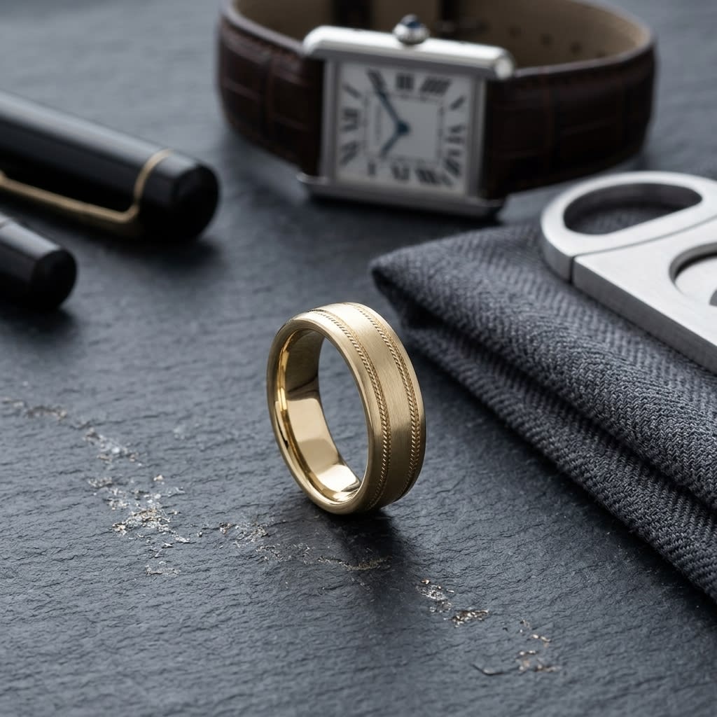 7.5mm Satin Finish Rope Carved Wedding Band in 14K Yellow Gold, on walnut surface with pocket square