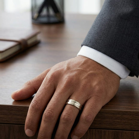 7.5mm Satin Finish High Polished Center Cut Carved Wedding Band in 14K Yellow Gold, worn on hand, masculine full view