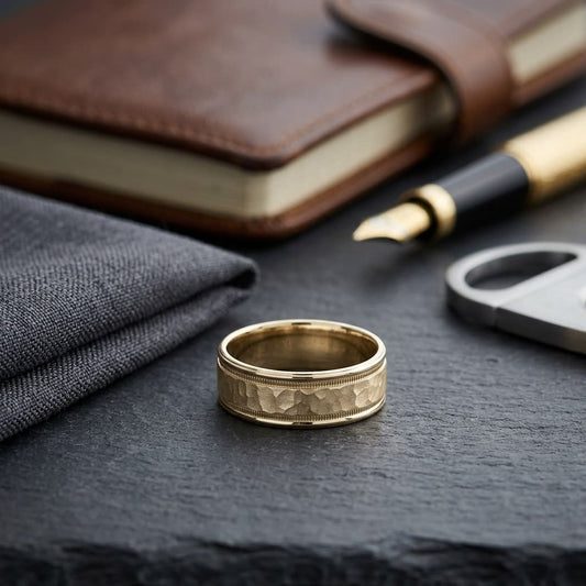 8mm Hammered Center High Polish Round Edge Carved Wedding Band in 14K Yellow Gold, on walnut surface with pocket square