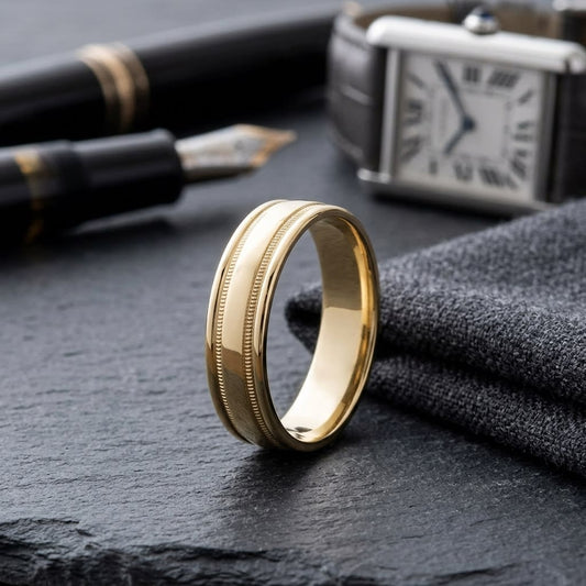 6mm High Polish Milgrain Round Edge Carved Wedding Band in 14K Yellow Gold, on walnut surface with pocket square