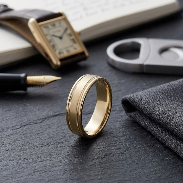 6mm Satin Finish Milgrain Round Edge Carved Wedding Band in 14K Yellow Gold, on walnut surface with pocket square