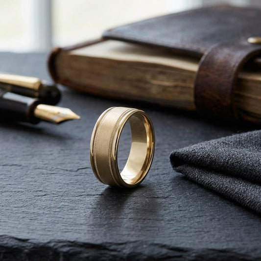 8mm Satin Finish Milgrain Round Edge Carved Wedding Band in 14K Yellow Gold, on walnut surface with pocket square