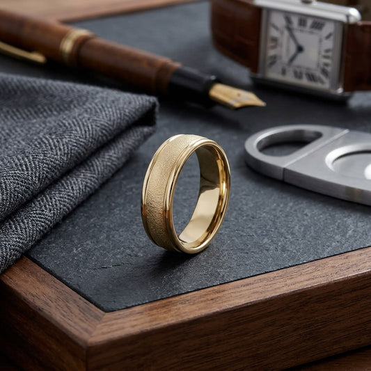 6mm Wired Finish High Polished Round Edge Carved Wedding Band in 14K Yellow Gold, on walnut surface with pocket square
