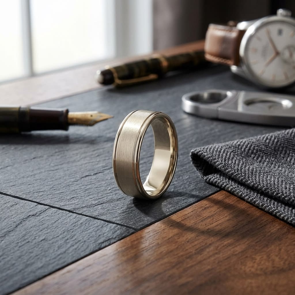 8mm Satin Finish High Polished Round Edge Carved Wedding Band in 14K Yellow Gold, on walnut surface with pocket square