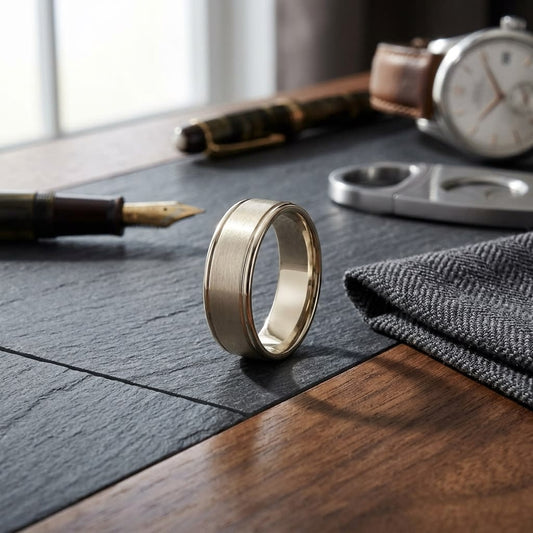 8mm Satin Finish High Polished Round Edge Carved Wedding Band in 14K Yellow Gold, on walnut surface with pocket square