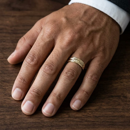 6mm Comfort-Fit Wedding Band in 14K Yellow Gold, worn on hand, masculine close-up