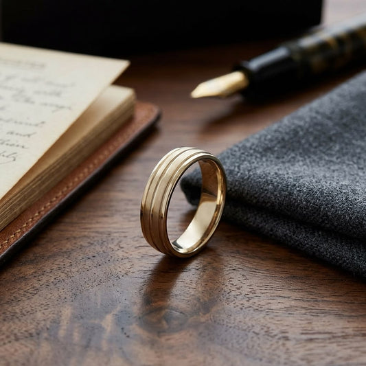 6mm Satin Finish High Polished Center Trim Carved Wedding Band in 14K Yellow Gold, on walnut surface with pocket square