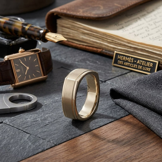 7mm Satin Finish Carved Wedding Band in 14K Yellow Gold, on walnut surface with pocket square