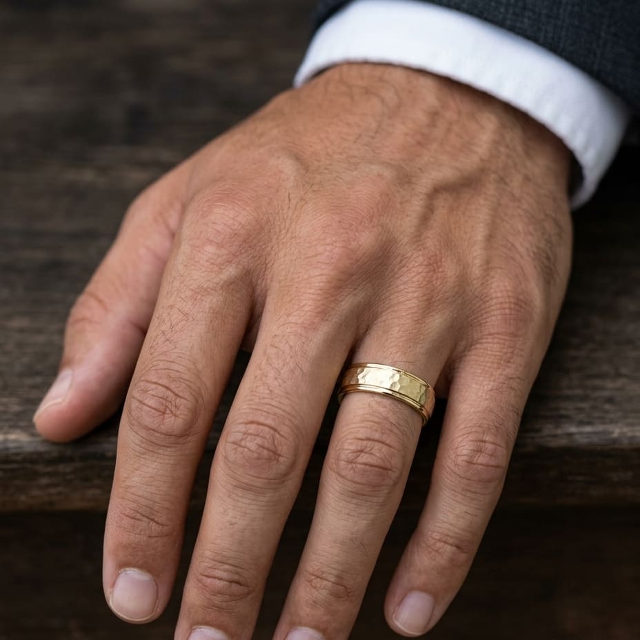 6mm Hammered Finish Carved Wedding Band in 14K Yellow Gold, worn on hand, masculine close-up