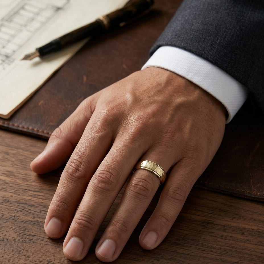 6mm Hammered Finish Carved Wedding Band in 14K Yellow Gold, worn on hand, masculine full view