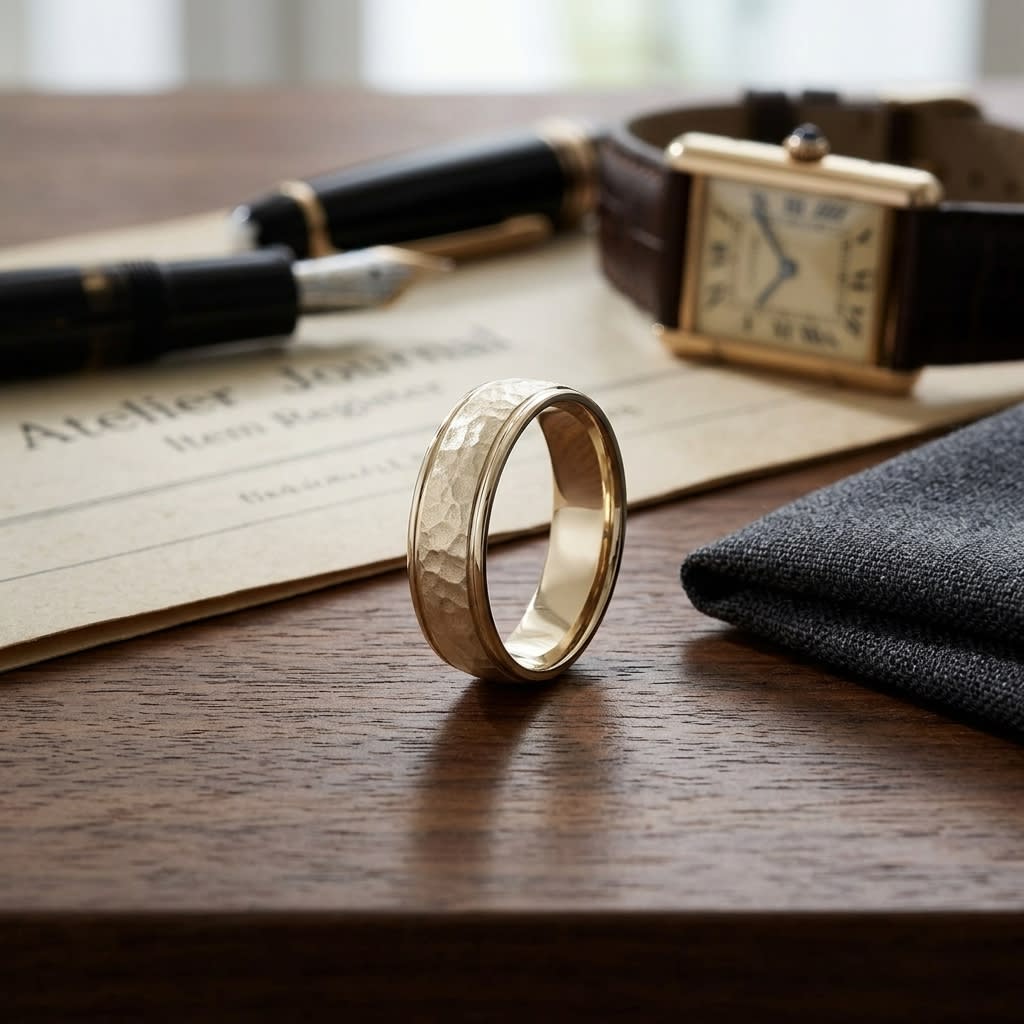 6mm Hammered Finish Carved Wedding Band in 14K Yellow Gold, on walnut surface with pocket square