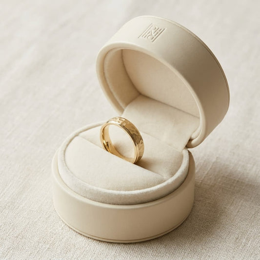 4mm Hammered Finish Carved Wedding Band in 14K Yellow Gold, in navy velvet jewelry box