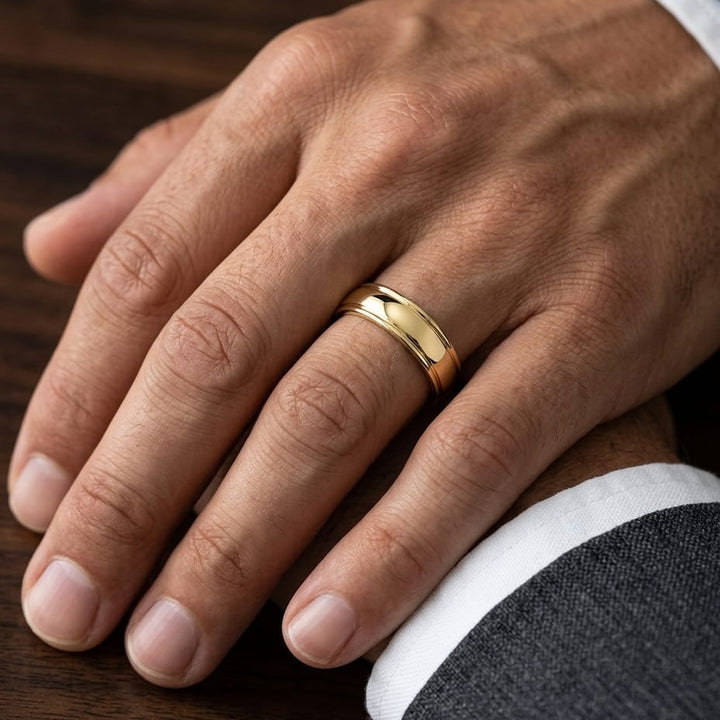 6mm High Polish Round Edge Carved Wedding Band in 14K Yellow Gold, worn on hand, masculine close-up