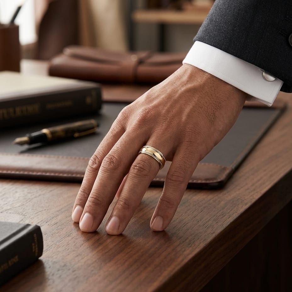 6mm High Polish Round Edge Carved Wedding Band in 14K Yellow Gold, worn on hand, masculine full view
