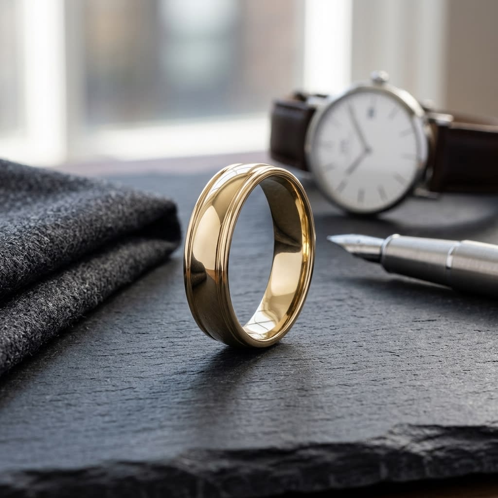 6mm High Polish Round Edge Carved Wedding Band in 14K Yellow Gold, on walnut surface with pocket square