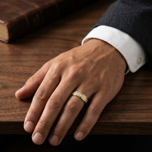 6mm High Polish Milgrain Round Edge Carved Wedding Band in 14K Yellow Gold, worn on hand, masculine full view