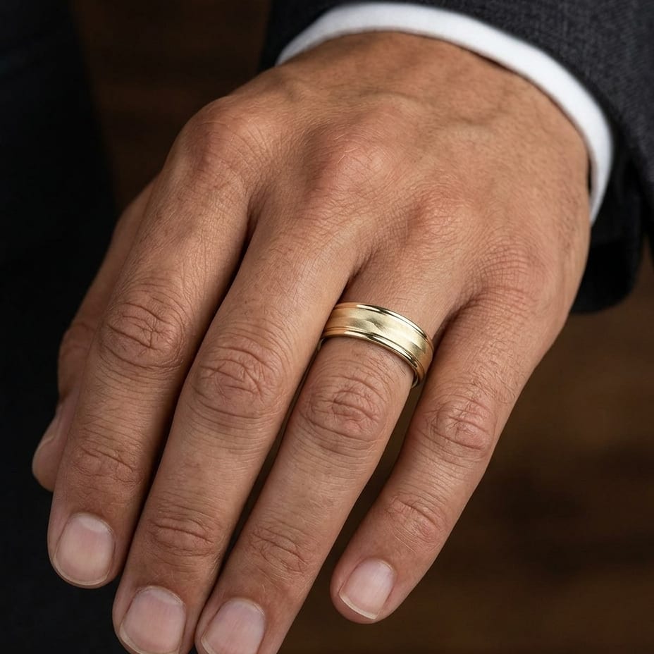 6mm High Polish Round Edge Carved Wedding Band in 14K Yellow Gold, worn on hand, masculine close-up
