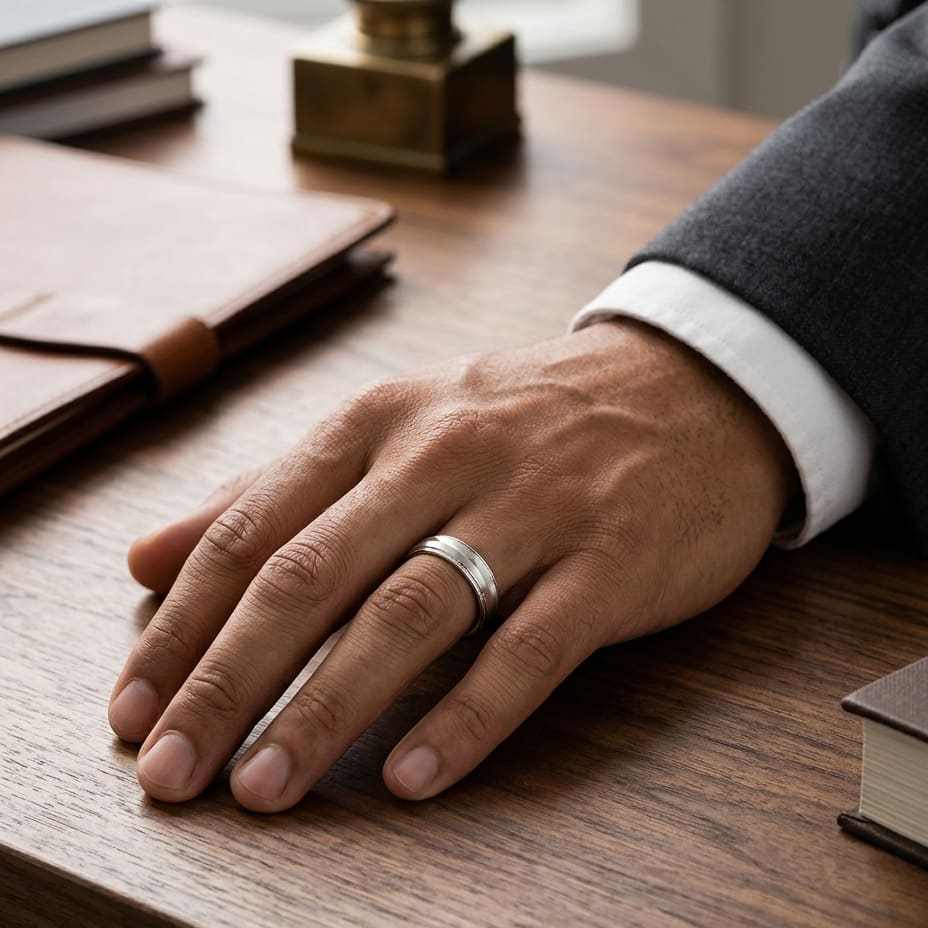 6mm High Polish Round Edge Carved Wedding Band in 14K Yellow Gold, worn on hand, masculine full view