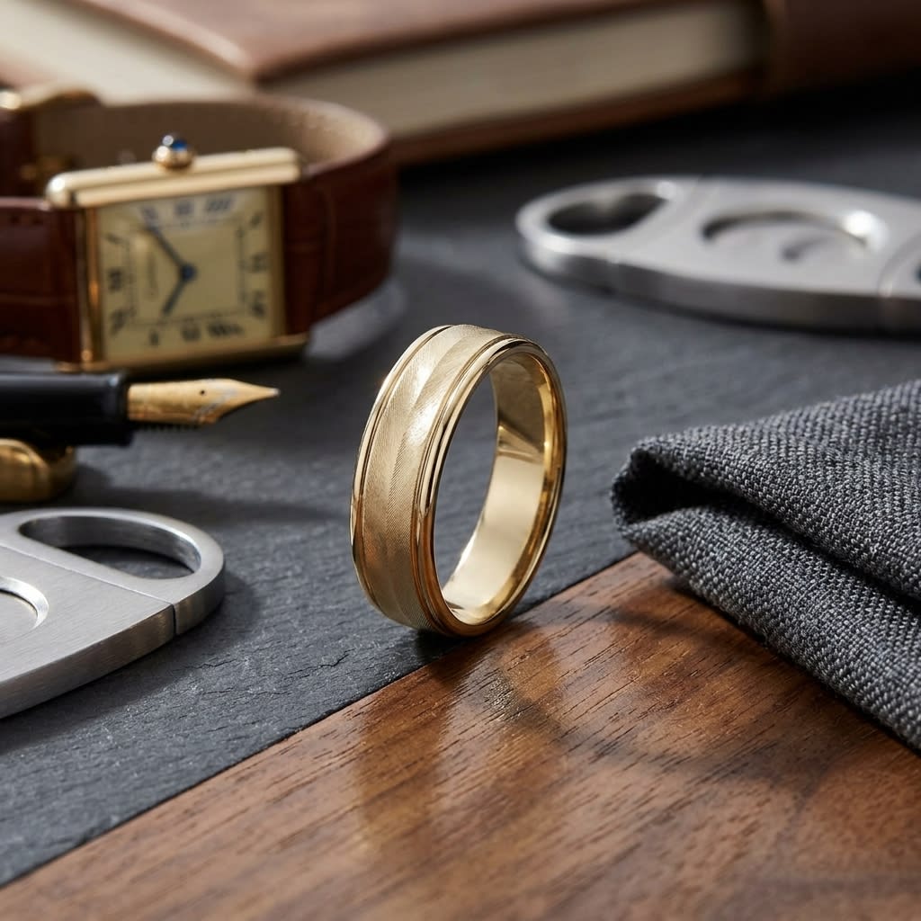 6mm High Polish Round Edge Carved Wedding Band in 14K Yellow Gold, on walnut surface with pocket square