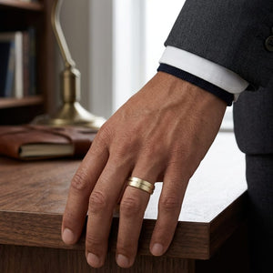 6mm Satin Finish High Polished Center Cut Carved Wedding Band in 14K Yellow Gold, worn on hand, masculine full view
