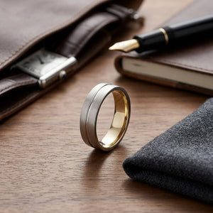 6mm Satin Finish High Polished Center Cut Carved Wedding Band in 14K Yellow Gold, on walnut surface with pocket square