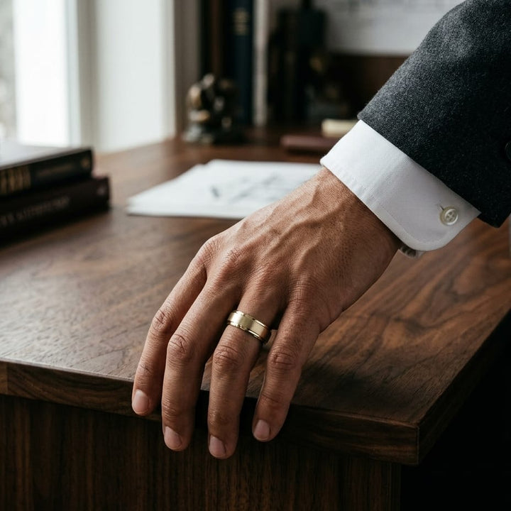 8mm Satin Finish High Polished Beveled Edge Carved Wedding Band in 14K Yellow Gold, worn on hand, masculine full view