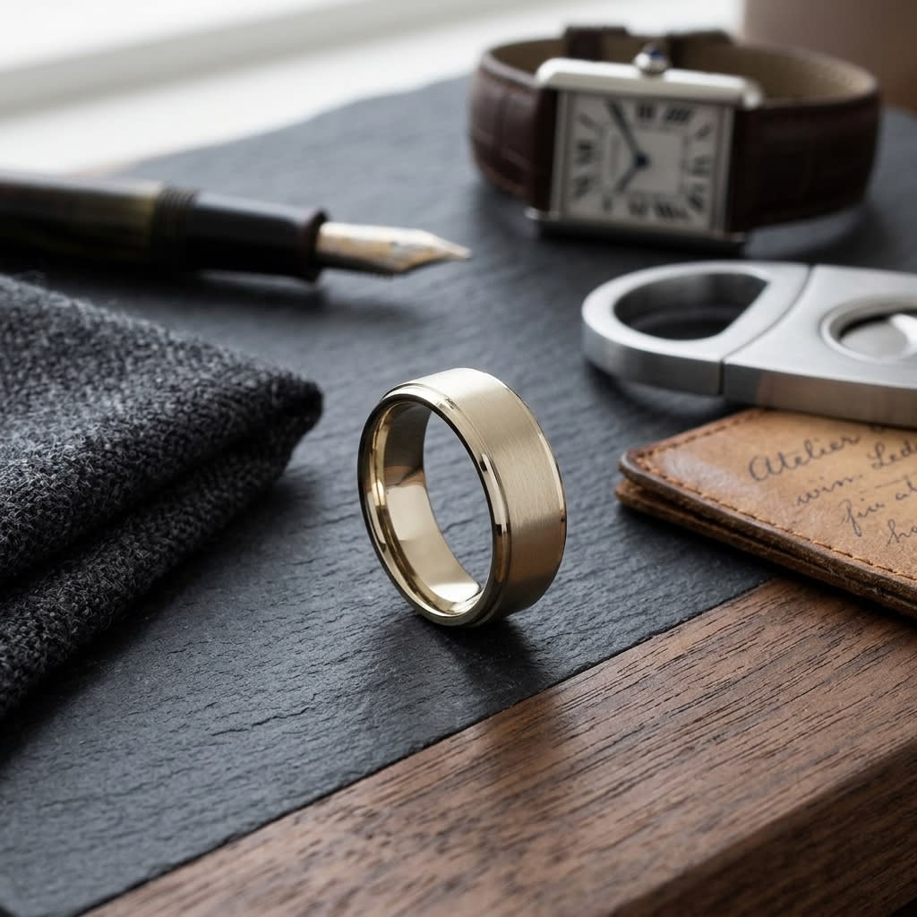 8mm Satin Finish High Polished Beveled Edge Carved Wedding Band in 14K Yellow Gold, on walnut surface with pocket square