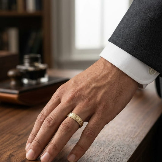 8mm High Polish Cross Hatch Center Carved Wedding Band in 14K Yellow Gold, worn on hand, masculine full view