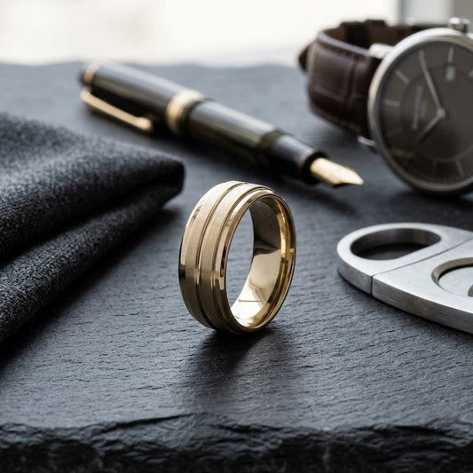 8mm Satin Finish High Polished Center Cut Carved Wedding Band in 14K Yellow Gold, on walnut surface with pocket square