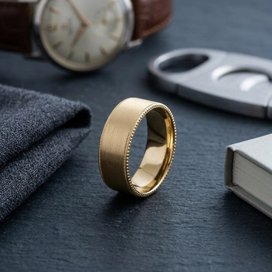 8mm Satin Finish Carved Wedding Band in 14K Yellow Gold, on walnut surface with pocket square