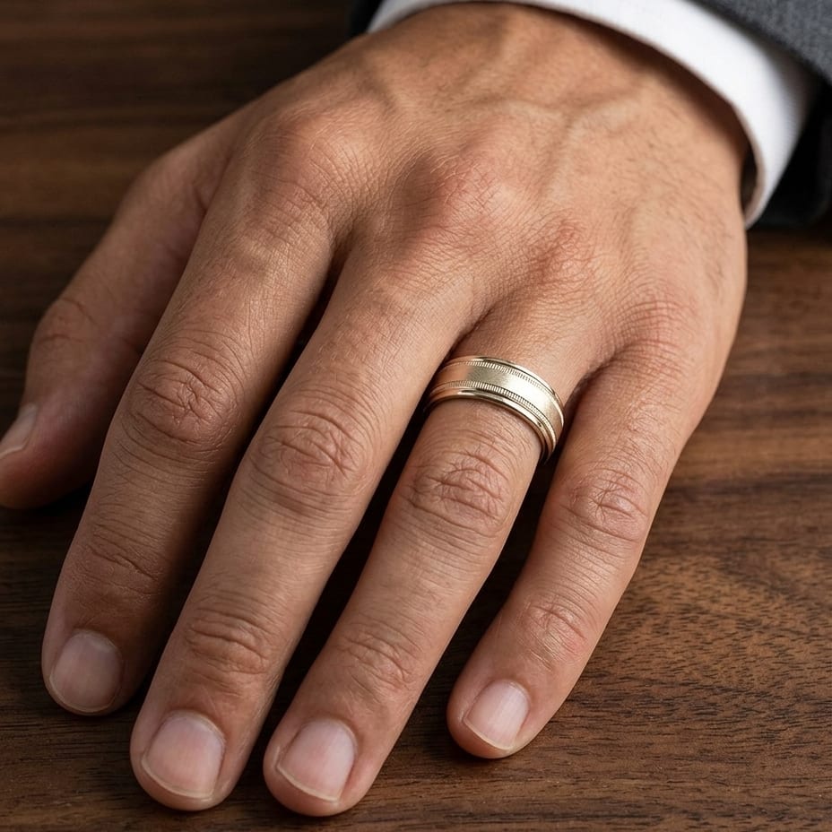 7mm Round Edge Swirl Finish Carved Wedding Band in 14K Yellow Gold, worn on hand, masculine close-up