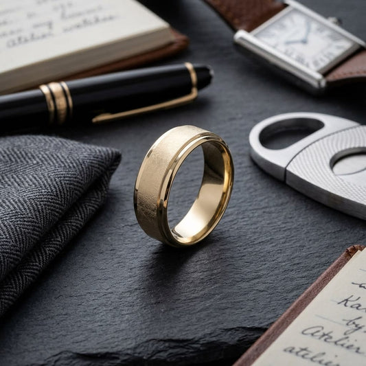7mm Round Edge Swirl Finish Carved Wedding Band in 14K Yellow Gold, on walnut surface with pocket square
