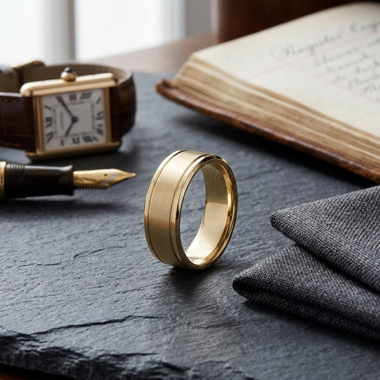 8mm Satin Finish Carved Wedding Band in 14K Yellow Gold, on walnut surface with pocket square