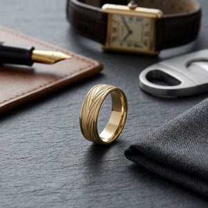 7mm Comfort-Fit Wedding Band in 14K Yellow Gold, on walnut surface with pocket square