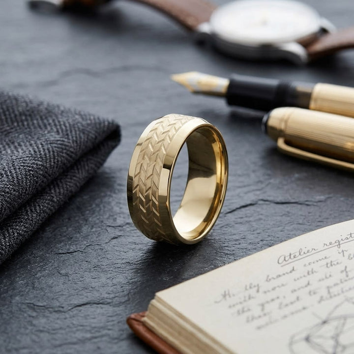 8mm Beveled Edge Treaded Carved Wedding Band in 14K Yellow Gold, on walnut surface with pocket square