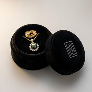 Pearl and Diamond Halo Pendant in 14K Yellow Gold, 0.76ct, in navy velvet jewelry box