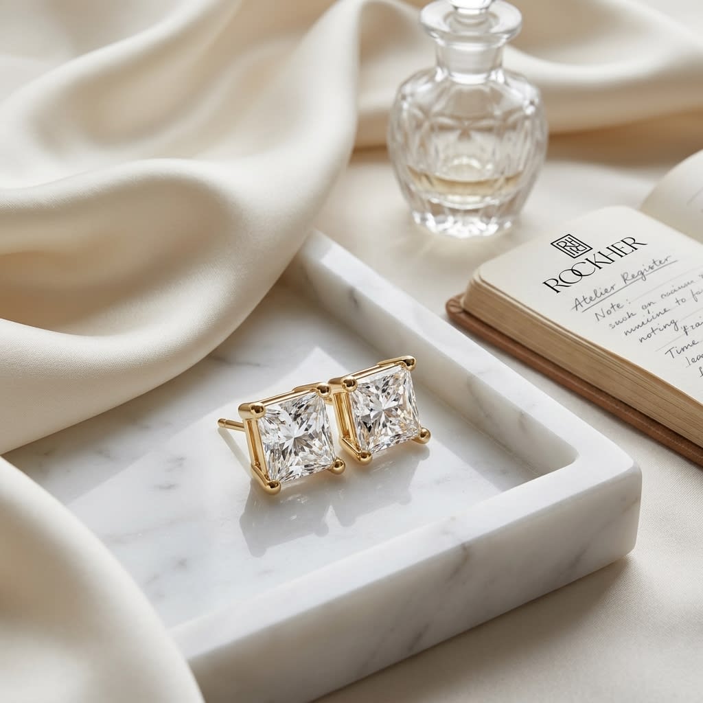 14k Yellow Gold 4-prong Princess Diamond Stud Earrings (0.25 Ct. T.w., Vs1-vs2 Clarity, H-i Color), on marble vanity tray with silk