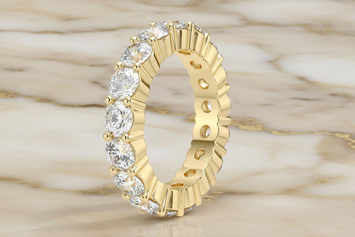 Round brilliant lab diamond eternity band in 14K white gold — profile