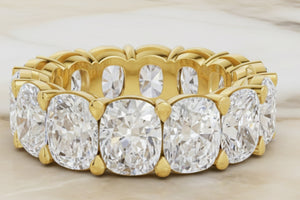 Elongated cushion cut lab diamond eternity band in 14K yellow gold — front