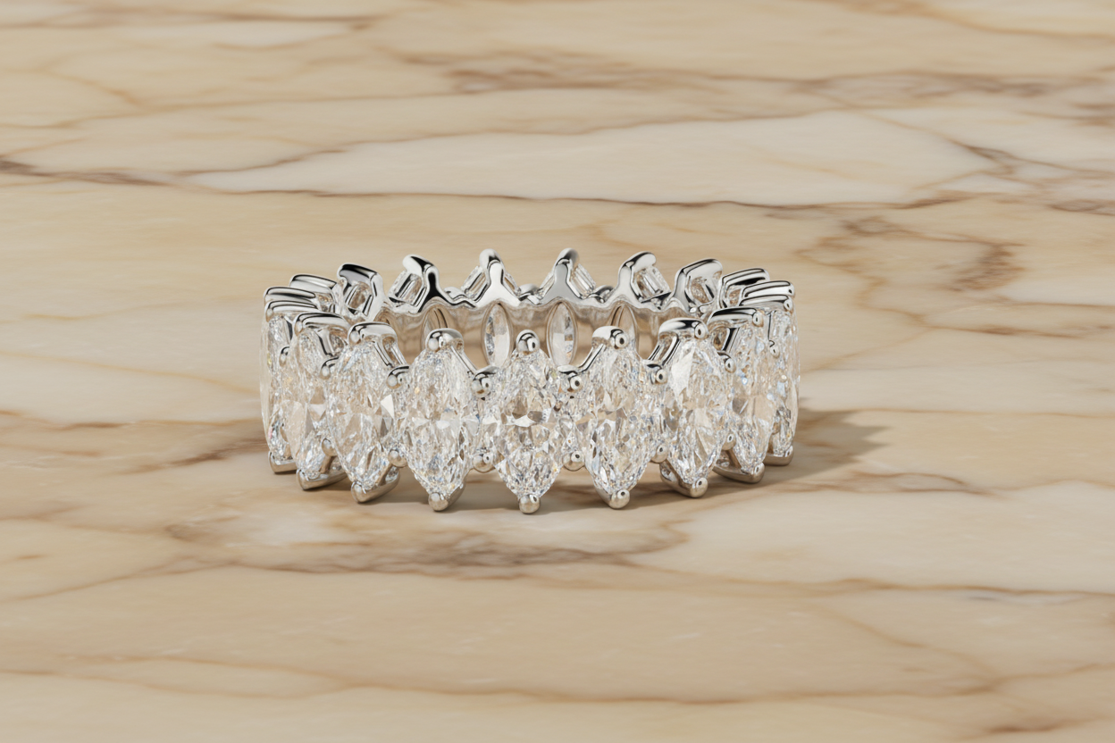 Marquise cut natural diamond eternity band in 14K white gold — front