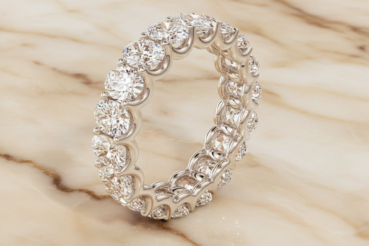 Oval cut natural diamond eternity band in 14K white gold — profile