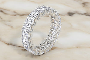 Emerald cut natural diamond eternity band in 14K white gold, profile