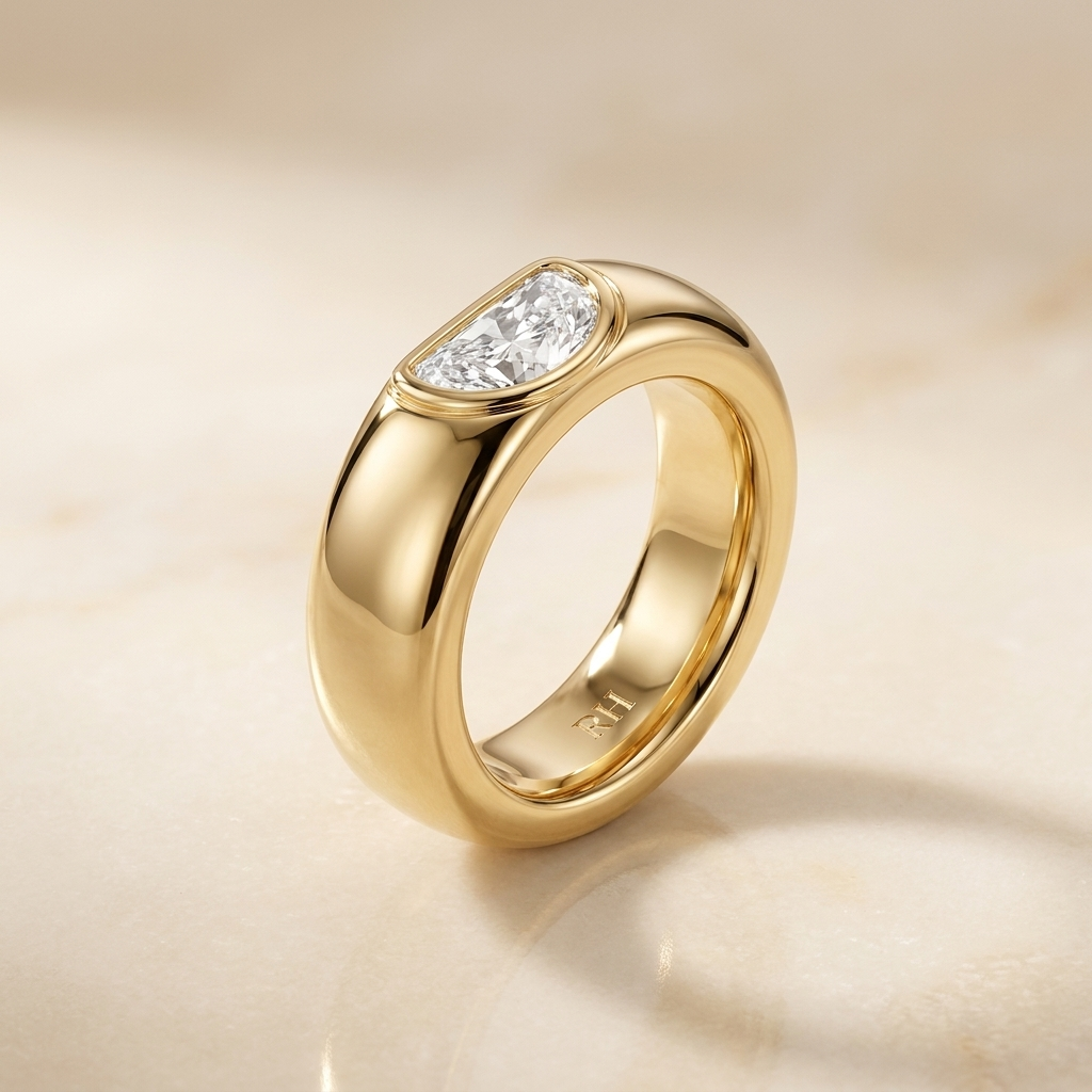 Bezel Set Cigar Band Half Moon styling on The Remi diamond engagement ring setting | RockHer