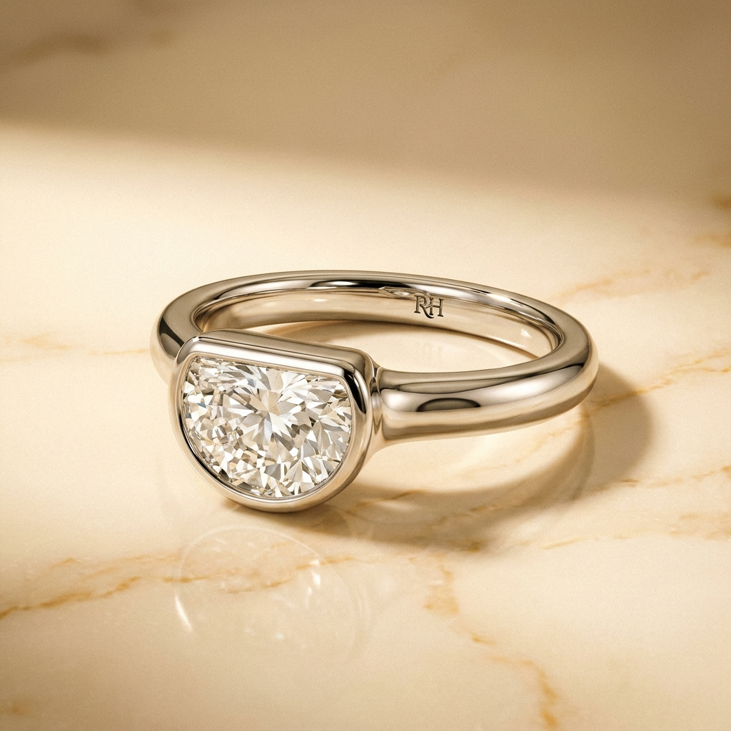The Agnes Select bezel solitaire half cut engagement ring in platinum — alt-angle hero — RockHer