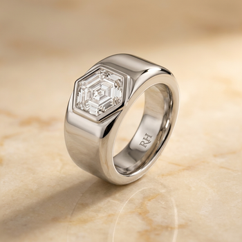 The Remi Bezel Set Cigar Band Hexagon Engagement Ring Setting in 18K White Gold