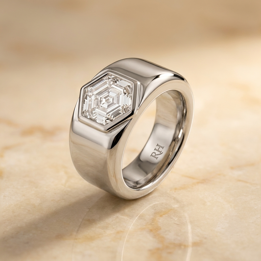 The Remi — Bezel-Set Cigar Band Hexagonal in 18K White Gold